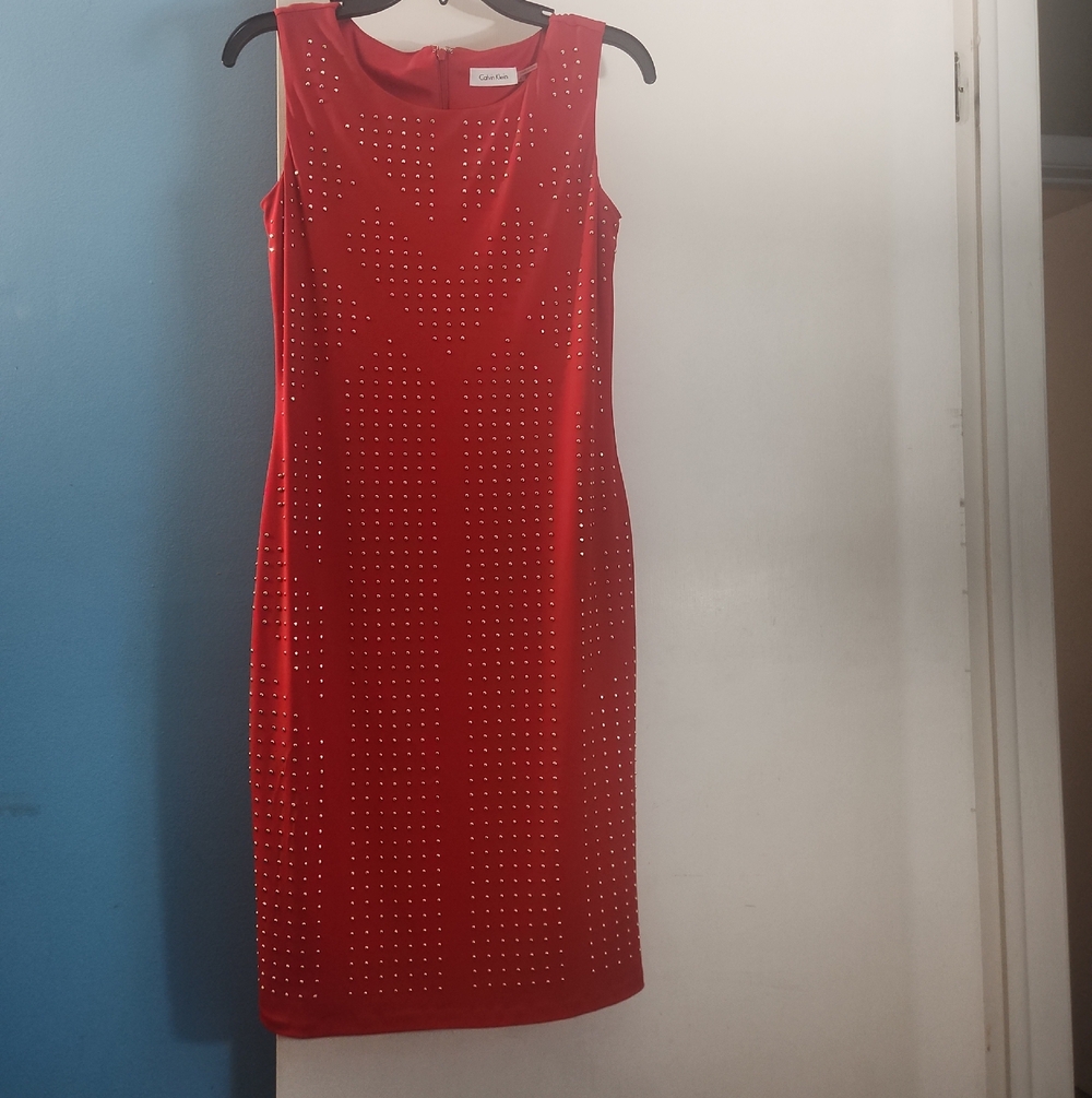 Calvin Klein Red Studded Midi Sheath Dress